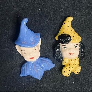 holland mold. pixie pins mid century brooch as is.  crafts trinkets yellow blue